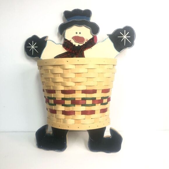 snowman basket wall decor or shelf 15 inch hat gloves scarf wood christmas decor - Picture 1 of 6